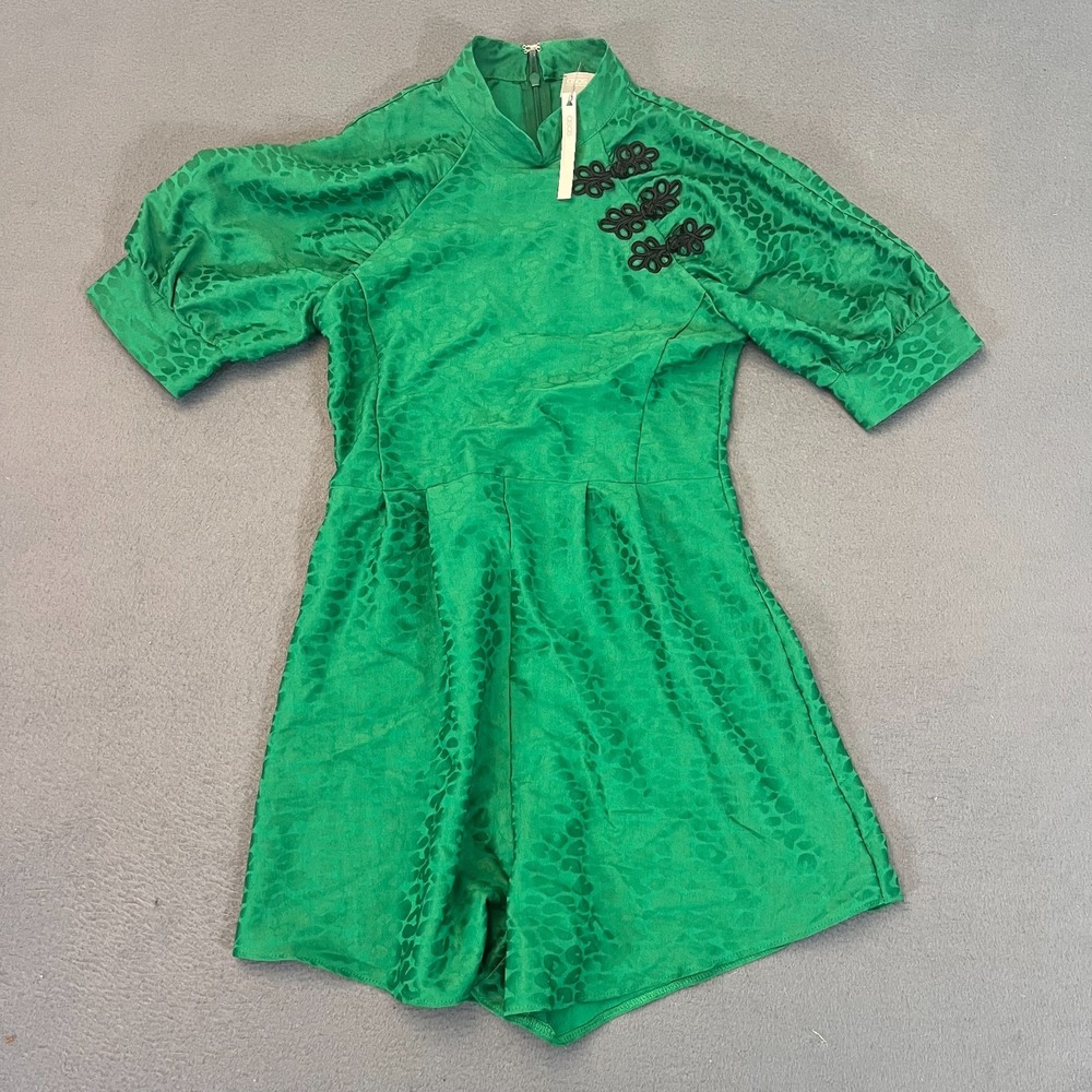 ASOS Romper Womens Sz 0 High Neck Puff Sleeve Green Floral Croc Jacquard Zip NWT